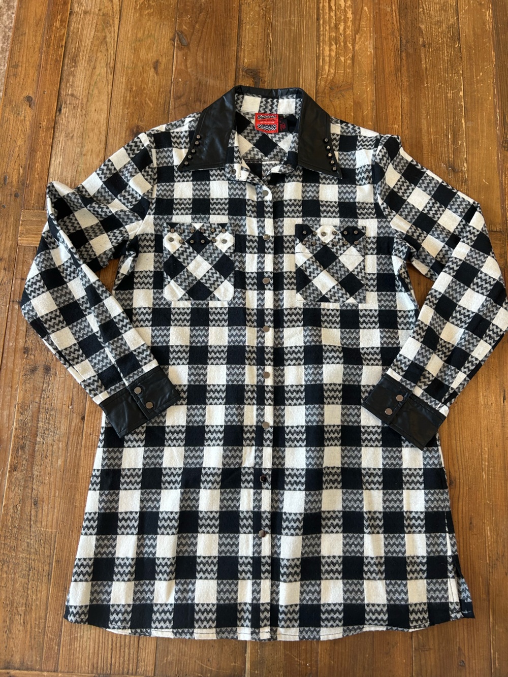 Simon Chang Black & White Check Long Shirt Dress with Faux Leather Trim